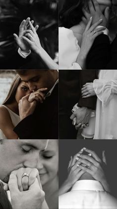 black and white photo collage of two people holding each other's hands with rings on their fingers