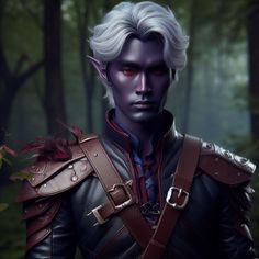 a man with white hair and red eyes is dressed in black leather, standing in the woods