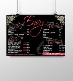 a black and white menu with pink lettering