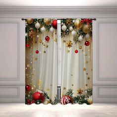 the curtains are decorated with christmas ornaments