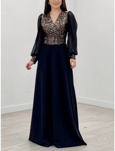 A-Line Evening Gown Sparkle & Shine Dress Formal Wedding Guest Floor Length Long Sleeve V Neck Chiffon with Glitter Pleats Chiffon V-neck Gown For Banquet, Glamorous Chiffon Evening Dress For Prom, Glamorous Chiffon Evening Dress For Prom Season, Glamorous Sequin Chiffon Evening Dress, Party Chiffon Embellished Maxi Dress, Glamorous Chiffon Evening Dress For Formal Occasions, Sequin Chiffon Evening Dress, Sequin Chiffon Evening Dress For Party, Glamorous Fitted Chiffon Gown