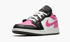 The Air Jordan 1 Low GS “Pinksicle” is Michael Jordan’s first signature shoe in an appealing colorway for children.  The Air Jordan 1 Low has settled into its place as one of the most popular Jordan Brand silhouettes over time.  This easy-on-the-eyes “Pinksicle” colorway features soothing Pinksicle leather accenting on the perforated toe, collar, heel, and Swoosh branding on the white leather mid-panel.  Contrasting black “Wings” detailing can be found on the heel.  Embroidered pink “23” and Jum Black Wings, Stadium Goods, Air Jordan 1 Low, Jordan 1 Low, Kids Jordans, Black Nylons, Michael Jordan, Air Jordan 1, Nike Air Force Sneaker