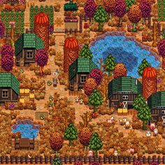 an old computer game with lots of trees and houses in the background, including pumpkins