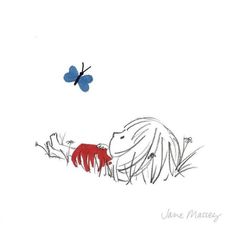 a drawing of a person laying on the ground next to a butterfly