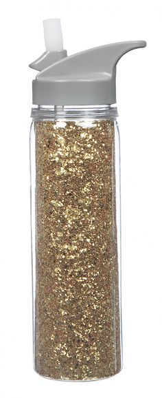 a glass jar filled with gold glitter