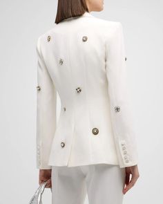 Cinq à Sept 'Cheyenne' signature blazer showcases embroidered gold-tone crystal and pearly brooches.Notched lapels.Long sleeves.Five-button cuffs.Decorative front flap pockets.Back vent.Tailored fit.Falls below the hips.Single button closure Triacetate/polyester Dry clean Imported Model is 5'10'/177cm. Crepe Blazer, Cinq A Sept, Women's Blazers, Amina Muaddi, Womens Blazers, Women's Coats, Blazers For Women, Neiman Marcus, Brooches