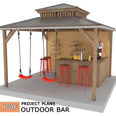 an outdoor bar with swings and stools on the floor is shown in this 3d image