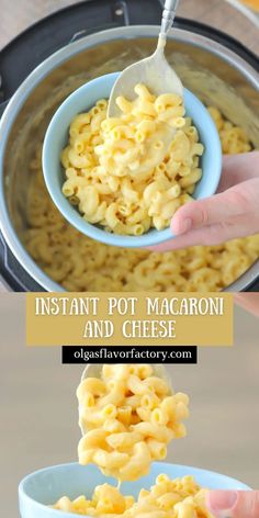 instant pot macaroni and cheese in a blue bowl with a ladle full of macaroni and cheese