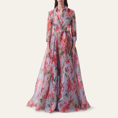 Carolina Herrera trench gown in watercolor floral motif  Spread collar; button front Three-quarter sleeves; button cuffs Side slip pockets Self belt A-line silhouette Full length Silk Made in USA Spring Evening Dress With Covered Buttons, Multicolor Formal Maxi Dress For Spring, Carolina Herrera, Watercolor Floral, Three Quarter Sleeves, Floral Motif, Floral Watercolor, Three Quarter, Made In Usa