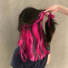 Hair Color Ideas Straight Hair Brunettes, Under Part Of Hair Dyed Pink, Pink Hair With Black Underneath, Pink Underdye Hair Black, Black With Color Underneath Hair, Peekaboo Hair Color Brunettes Pink, Pic A Boo Hair Color, Brunette With Vivid Color, Black And Fuschia Hair