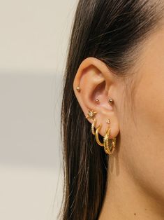 a close up of a woman's ear with three different types of earrings on it