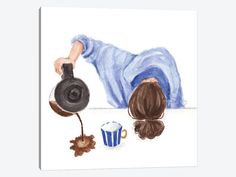 a watercolor painting of a woman laying on the ground next to a coffee cup