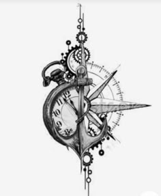 a black and white drawing of a compass with an arrow on it's side