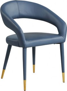 a blue leather chair with gold legs