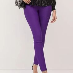 Blue High Waisted Pull On Slim Leg Pants Elegant Mid-rise Pull-on Bottoms, Stretch Ankle-length Purple Pants, Purple Elastane Bottoms For Spring, Elegant Tapered Leg Leggings, Purple Stretch Ankle-length Pants, Elegant High-waisted Purple Pants, Purple Tapered Leg Bottoms For Spring, Versatile Fitted High Waist Dress Pants, Chic Purple Ankle-length Bottoms