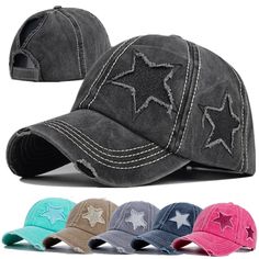 New Fashion Women Ponytail Cap Sequins 5-Point Star Hole Design Baseball Cap Female Washed Cotton Grunge Baseball Cap, Y2k Baseball Cap, Cool Cap Design, Cool Caps Hat, Grunge Hats, Star Hats, Hat With Stars, Hat Design Ideas, Hats Y2k