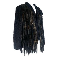 Kathleen Weir West Art-To-Wear Handwoven Black Boucle & Suede Fringed Jacket: Western - inspired black and gold stamped suede fringe covering entire front and back. Banded collar. Lined in silk/rayon crepe. Hook and eye closures at front. No pockets. Hand-loomed wool boucle. Excellent condition. US size 6. Fringed Jacket, West Art, Suede Fringe Jacket, To Wear, Fringe Jacket, Suede Fringe, Band Collar, Western Art, Hand Weaving