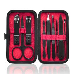 PRICES MAY VARY. Manicure Set (9 Pieces): HANTEKAS Professional Manicure Kit Contains 9 pieces nail and toenail tools for three functions must meet what you need, include hand care,facial care,foot care: Nail clippers for finger and toenails, cuticle pusher cleaner, nail file, v-shaped push stick cuticle trimmers, eyebrow tweezers, multi-purpose scissor, blackhead needle with loop remover and ear pick. Crafted By High Quality Stainless Steel: HANTEKAS Manicure and Pedicure tools are made of high Tweezers Eyebrows, Steel Nail, Pedicure Kit, Manicure Kit, Pedicure Tools, Clean Nails, How To Trim Eyebrows, Manicure Set, Hand Care