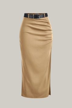 Indulge in sophistication with the Split Thigh Belted Ruched Skirt. This elegant skirt features details such as a belt and ruching, with a split thigh design for added flair. The plain pattern, drop waistline, and long length add to its tasteful and exclusive appeal. Crafted from high-quality woven fabric, this skirt offers a regular fit and is made from 95% polyester and 5% elastane. Both machine wash and professional dry cleaning are suitable for caring for this luxurious piece. Completing the Elegant Ruched Skirt For Night Out, Elegant Ruched Skirt For Formal Occasions, Elegant Ruched Maxi Skirt, Elegant Ruched Pencil Maxi Skirt, Elegant Long Skirt With Ruched Details, Elegant Ruched Draped Skirt For Night Out, Formal Long Ruched Skirt, Elegant Long Ruched Skirt, Ruched Pencil Skirt For Party