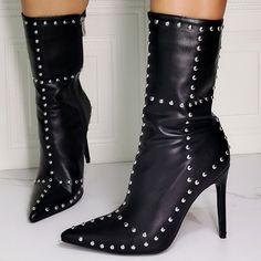 These Sexy Boots Will Have All Eyes On You! The Unique Features Include, A Faux Leather Fabric, Pointy Toe, High Polish Studded Detail, Side Zipper Closure, Mid Calf Shaft, And A Cushioned Foot Bed. Faux Leather 3.5” Approx Club High Heeled Boots In Faux Leather, Punk Winter Party Boots, Punk Style Winter Party Boots, Fitted High Heel Faux Leather Boots, Fitted High Heel Boots In Faux Leather, Faux Leather High Heel Boots For Night Out, Faux Leather High Heeled Boots, Fitted Faux Leather Heels For Night Out, Edgy Fall Party Heeled Boots