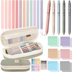 an assortment of pens and pencils are shown in this image, including one case