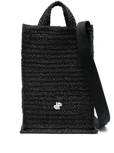 black woven raffia design JP patch to the front open top two flat top handles detachable logo-embossed shoulder strap main compartment internal logo patch unlined logo-engraved gold-tone hardware Designer Rectangular Straw Bag With Top Carry Handle, Luxury Black Straw Bag With Adjustable Strap, Luxury Black Straw Shoulder Bag, Designer Black Straw Bag With Top Handle, Designer Black Straw Bag For Daily Use, Designer Black Straw Bag With Woven Leather, Designer Black Rectangular Straw Bag, Chic Black Straw Bag, Designer Black Woven Bag