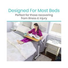 a woman sitting on a bed reading a book with the title, designed for most beds perfect for those recovering from lines & injury