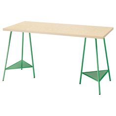 a wooden table with green metal legs and a white top on an isolated white background