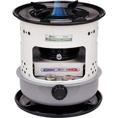 an outdoor stove with a blue flame on the top and black burner below it