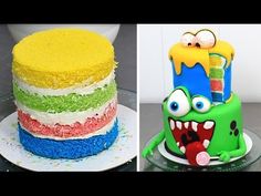 there are three cakes with different designs on each one and the same cake has an angry face