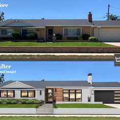 before and after photos of a house with grass on the front lawn, side by side