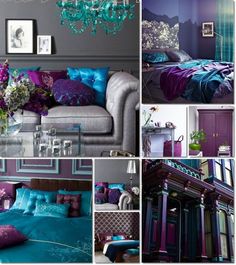 a collage of photos with purple and teal colors in the living room, dining room, bedroom