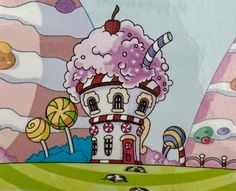 a drawing of a building with an ice cream cone on it's top and candy land in the background