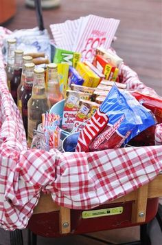 a wagon filled with lots of food and drinks