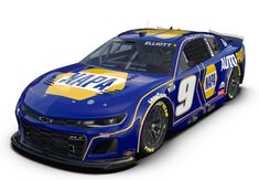 a blue and yellow race car on a white background