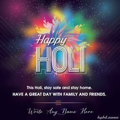 happy holi card with colorful fireworks and stars in the background on a black background