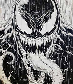 a black and white drawing of a monster with its mouth open, in the rain