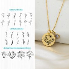 Capture the essence of birth and beauty with our custom birth flower necklace. Each delicate pendant features a unique floral design, representing the month of your or loved ones birth. Adorn yourself or gift this personalized treasure to celebrate life's special moments in a truly enchanting way. Birth flower pendant with birthstone: Flowers that will last forever.  ✅Disc Size: 16mm ✅Chain length: 40cm, 45cm and 50cm  ✅You can get up to 3 flowers on each side or custom text on the back ✅1 Birth Birthstone Flowers, Birth Month Flower Bouquet, Birth Stones, Flower Picks, Delicate Pendant, Grandmas Garden, Necklace For Mom, Custom Bouquet, Birth Month Flower