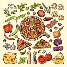 the pizza is surrounded by different types of vegetables and meats - food objects illustrations