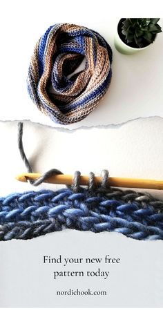 a yarn ball and knitting needles with the words find your new free pattern today