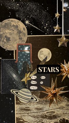 stars and planets collaged together with the words stars above them on black background