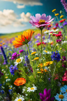 A vibrant wildflower meadow in full bloom, featuring a diverse array of flowers such as daisies, cosmos, and lupines in bright colors including orange, purple, yellow, and red. The flowers stand tall under a clear blue sky with scattered fluffy clouds, creating a picturesque and colorful natural scene. Wild Flowers Landscape, Wild Flower Garden Ideas, Floral Photography Nature, Poppy Field Painting, Wildflower Photography, Late Summer Flowers, Vibrant Aesthetic, Wildflowers Photography