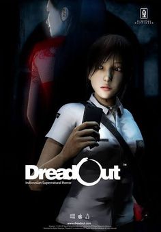 an anime character holding a tablet in front of a dark background with the words dreadout on it