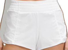 Sporty Running Shorts With Contoured Waistband, White Short Bottoms By Lululemon, White Athletic Shorts For Workout With Short Inseam, Running Shorts With Contoured Waistband, Summer Shorts By Lululemon, White Lululemon Athletic Shorts, Lululemon White Sports Shorts, Lululemon White Athletic Shorts Athleisure, Lululemon White Athletic Shorts