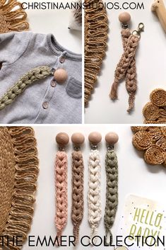 the crocheted items are being displayed on the table for pictures and instructions to make them look like they have been made from yarn