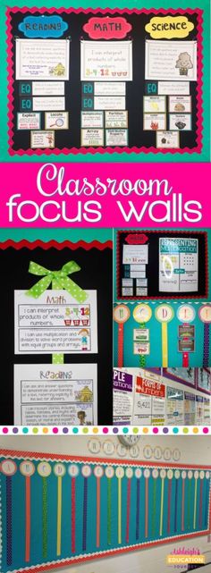 classroom focus wall with posters and writing on it