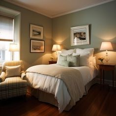 a bed sitting in a bedroom next to two lamps and a chair on top of a hard wood floor