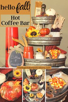 there is a coffee bar with pumpkins and gourds on it