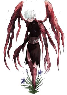 an anime character with long white hair and red wings, standing in front of flowers