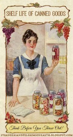 a woman in an apron is holding up some canned food